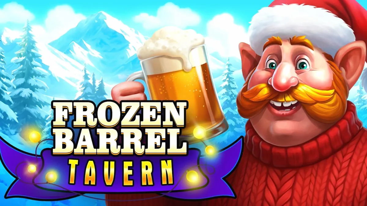 Frozen Barrel Tavern slot game interface with festive winter tavern theme