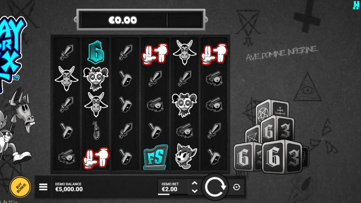 Tampilan visual slot Pray for Six dengan tema kartun monokrom dan elemen gotik.