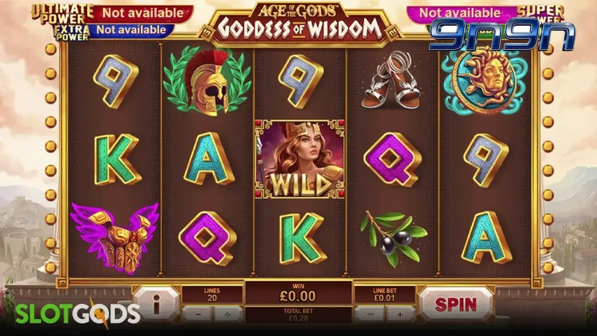 Tampilan visual slot Age of the Gods Goddess of Wisdom dengan tema mitologi Yunani